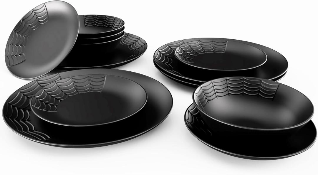 Nomnu Spiderweb Dinnerware Set, Gothic Dinner Plates and Bowls, Matte Black
