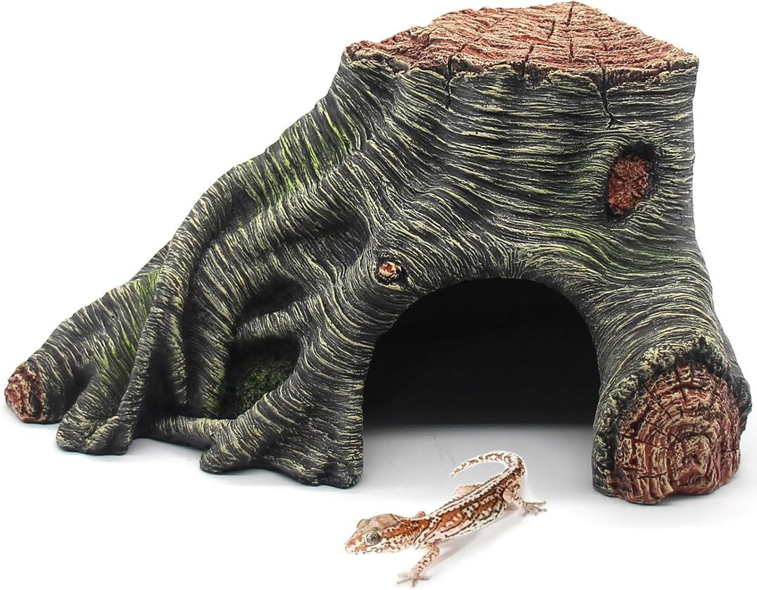 Reptile Hideouts Cave Habitat Decor, Hollow Tree Climing Ramp Basking Platform for Reptiles, Amphibians, Fish Tanks and Leopard Gecko, Snake, Lizard