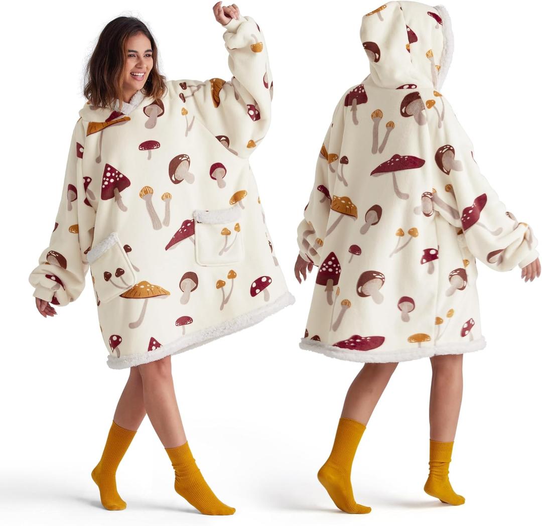 Bedsure Wearable Blanket Hoodie, Sherpa Hooded Blanket Printed for Adult & Kids as Gifts for Women, Mom Gifts Sherpa Hoodie, Standard, Mushroom, Beige