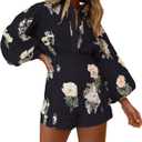 Molilove Womens 2 Piece Outfit Hawaiian Long Sleeve Button Down Shirt Shorts Tracksuit Lounge Set Shorts Set (Medium, Black)