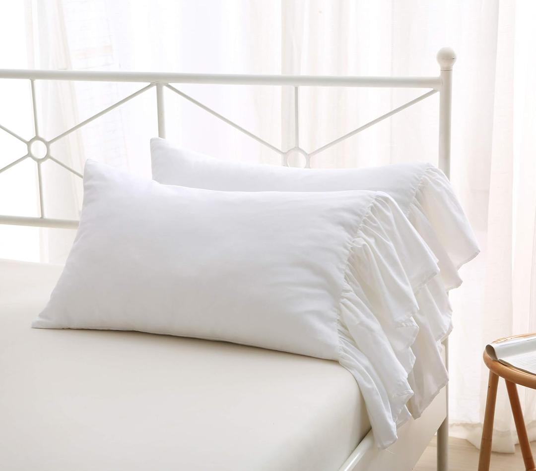 2-Pack Bright White Pillow Cases Shams Covers with Long Ruffles Shabby Chic Egypt Cotton Queen Size 20" x 30"Soft Soft