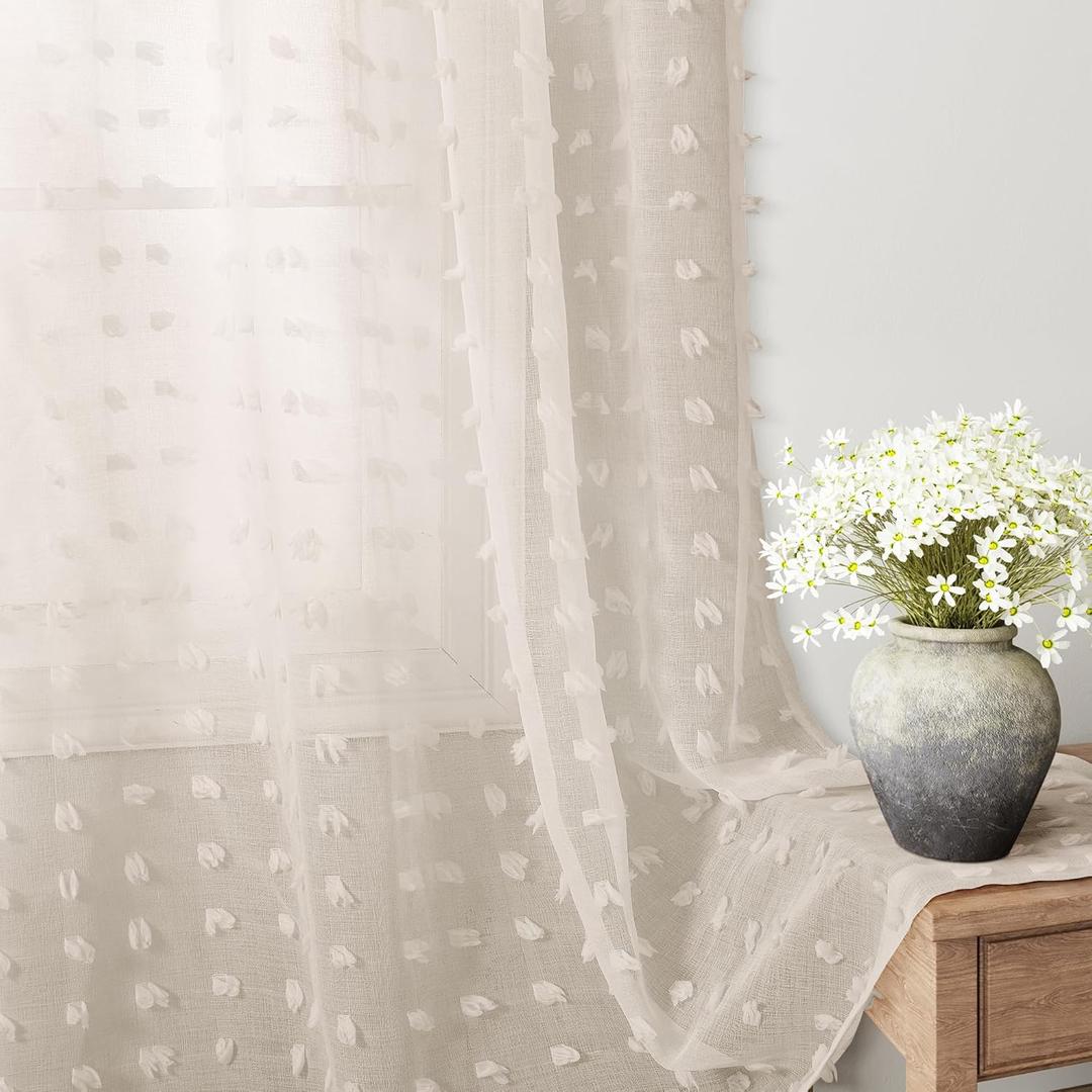 Guken Grommet Pom Pom Sheer Curtains 63 Inch Length 2 Panels for Living Dining Room Textured Curtain for Bedroom Light Filtering Semi Sheer Voile Boho Farmhouse Curtain Panels,Nature,W52xL63 (52"W x 63"L (Pack of 2), Nature - Grommet)