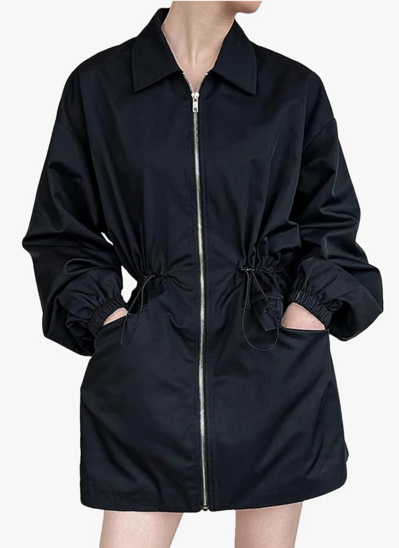 Women Drawstring Big Size Long Casual Turn-Down Collar Jacket Women Lapel Long Sleeve Zipper Coat, Size: M