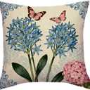 Vintage Blue Flower & Pink Butterfly Throw Pillow Cover 18x18 Inch,Shabby Chic Hydrangea Floral Butterfly Cushion Case Farmhouse French Cottage Home Decor Pillowcases for Couch Sofa Bedroom (Blue)