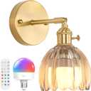Shenmoyl Vintage Battery Operated Wall Sconce with Amber Tulip Glass Lampshade Rechargeable Battery Powered Wall Light with Remote Control for Bedside Bedroom Doorway