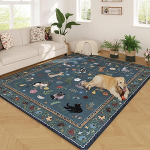 Rugcomf Area Rugs 8x10 Rug for Living Room Clearance Washable Boho Area Rug Non Slip Floral Animal Cat Vintage Low Pile Large Rug for Bedroom Farmhouse Dining Room Kids Playroom, Pearl Gentian Blue
