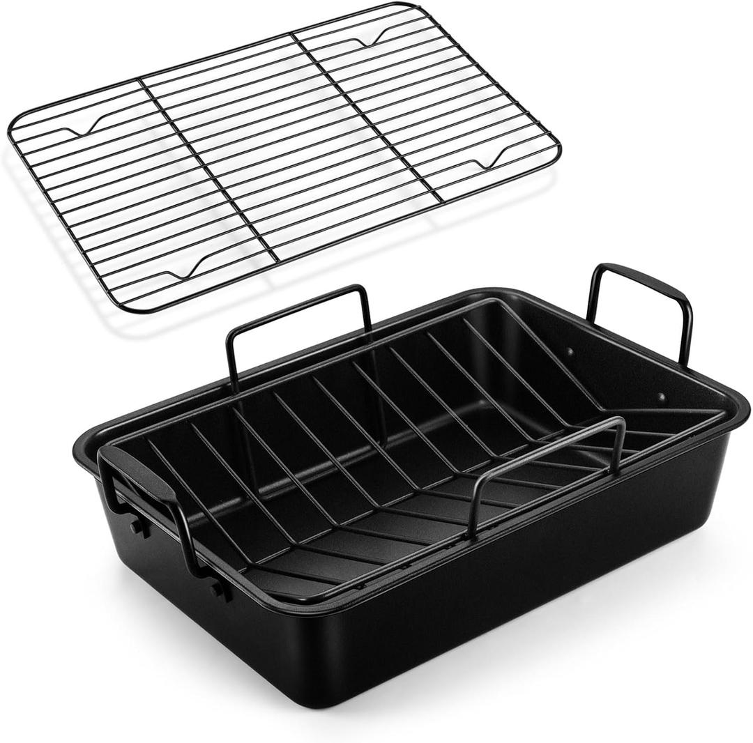 TeamFar Roasting Pan, 16 Nonstick Deep Lasagna Brownie Turkey Pan with V-Shaped Rack & Cooling Rack, with Stainless Steel Core & Nonstick Coating, Healthy & Sturdy Handles, Easy to Clean, Set of 3