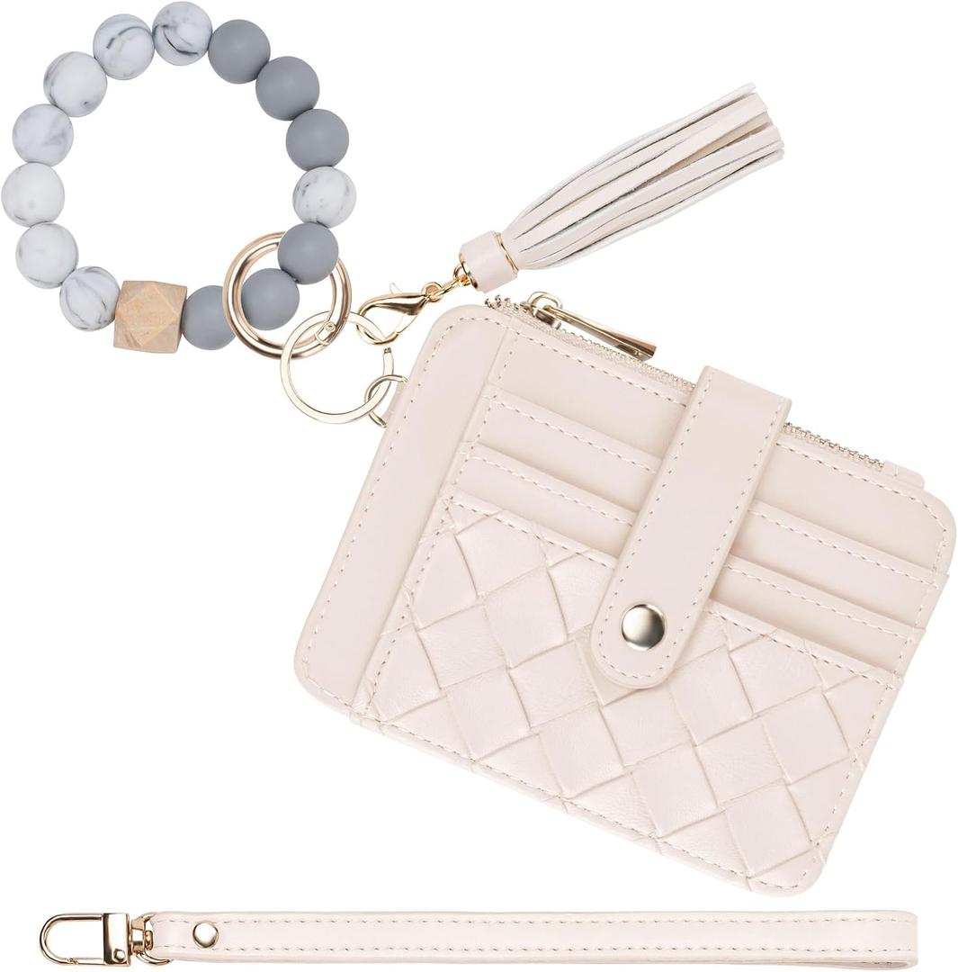 Airkit Wristlet Wallets for Women, Keychain RFID Blocking Credit Card Holder, Small Girly Wallet with Bracelet, Silicone Beaded Tassel Key Ring Card Holder