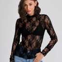 Elesomo Womens Lace Tops Mesh Sheer Long Sleeve Shirts Slim Fitted Tee | See Through, Sheer Under Shirt, Mock Neck, Turtleneck, Floral Blouse, Slim Fit, Layering Undershirt, Going Out, Party Club (Black, XL)