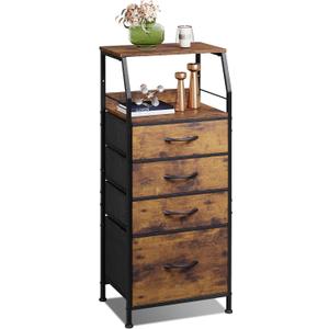 WLIVE Tall Nightstand with 4 Fabric Drawers & Open Shelf, Bedside Table for Bedroom, Modern Tall Dresser, Rustic Brown Wood Grain