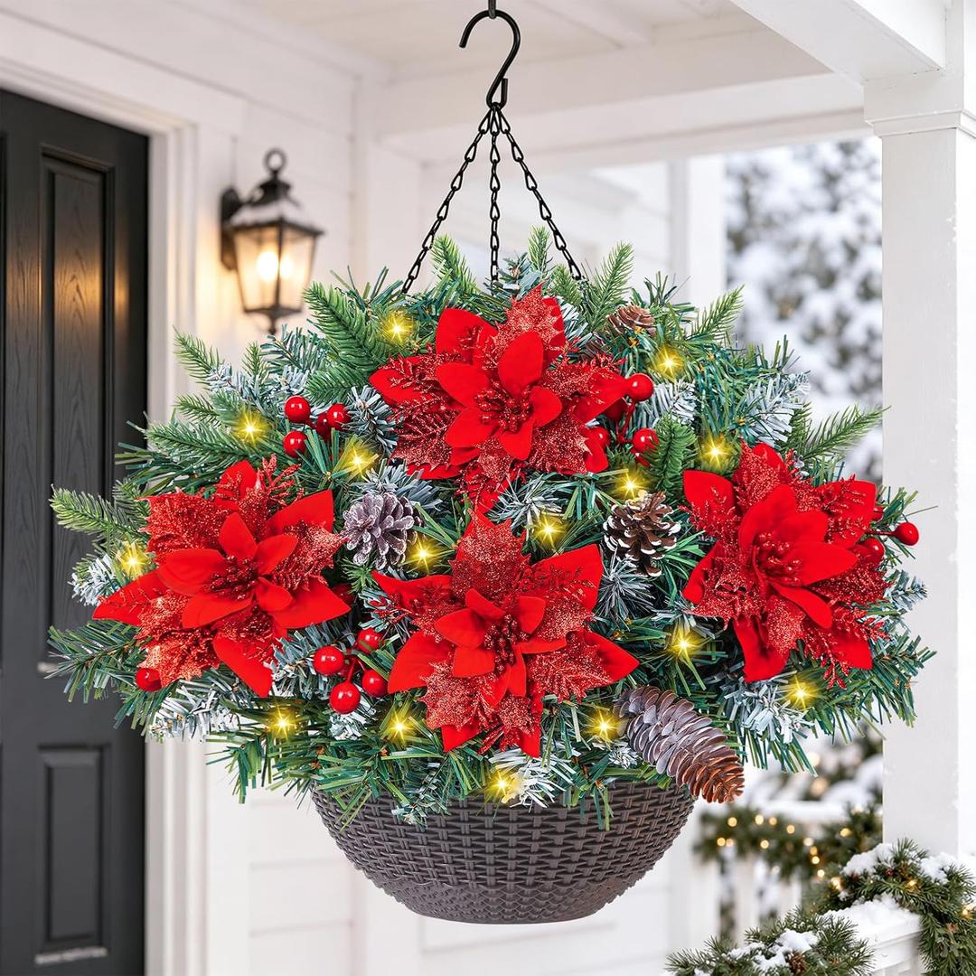 Christmas Hanging Baskets with Lights for Outdoors, Christmas Porch Decor