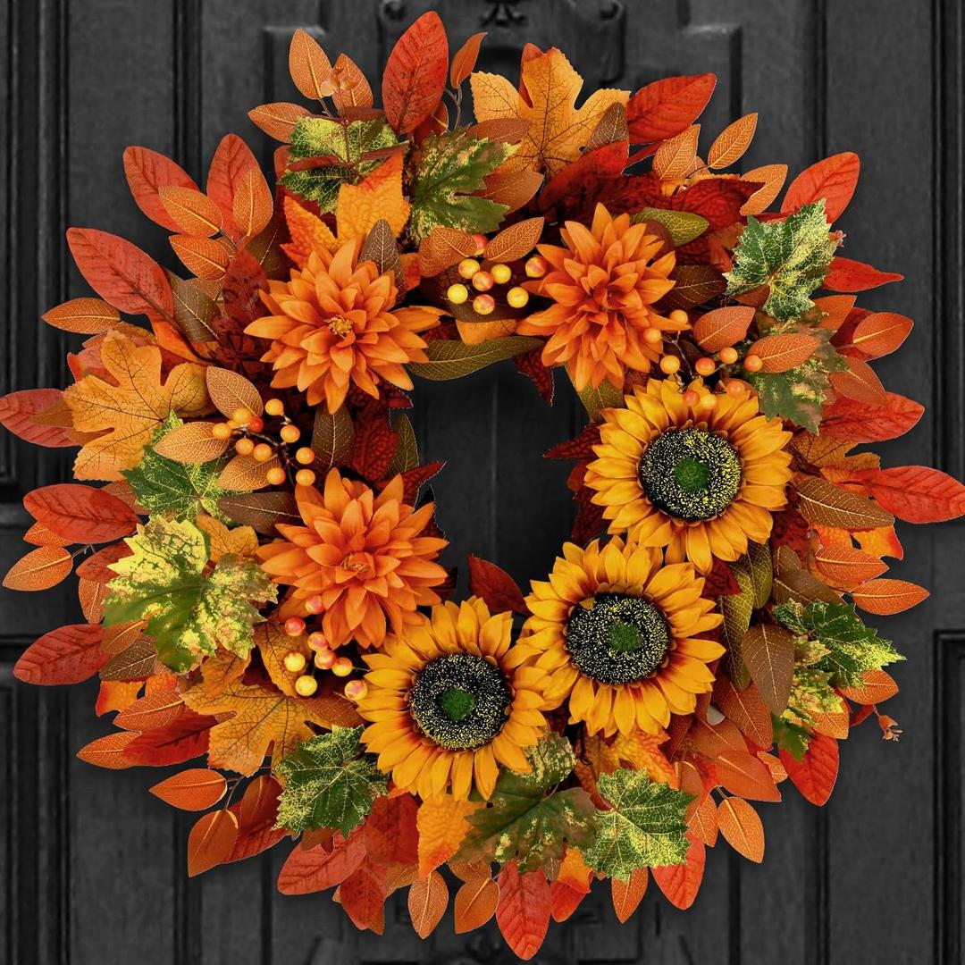 Waipfaru Fall Wreaths for Front Door,22in Sunflower Fall Door Wreath with Pumkin，Fall Wreaths for Thanksgiving Harvest, Autumn Wreath for Porch Indoor Outdoor Decor