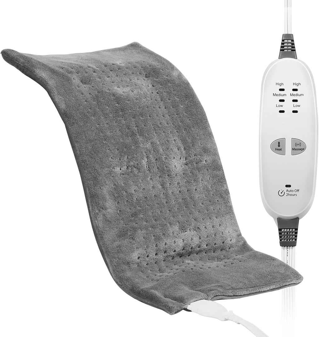 VEVOR Massaging Weighted Heating Pad, 12" x 24", Grey, Ultra-Soft Crystal Velvet + Sheared Plush, 4.4 lbs, 12 Settings, 2-Hour Auto-Off, For Neck, Back, Shoulder, Abdomen (9 Massage Modes)