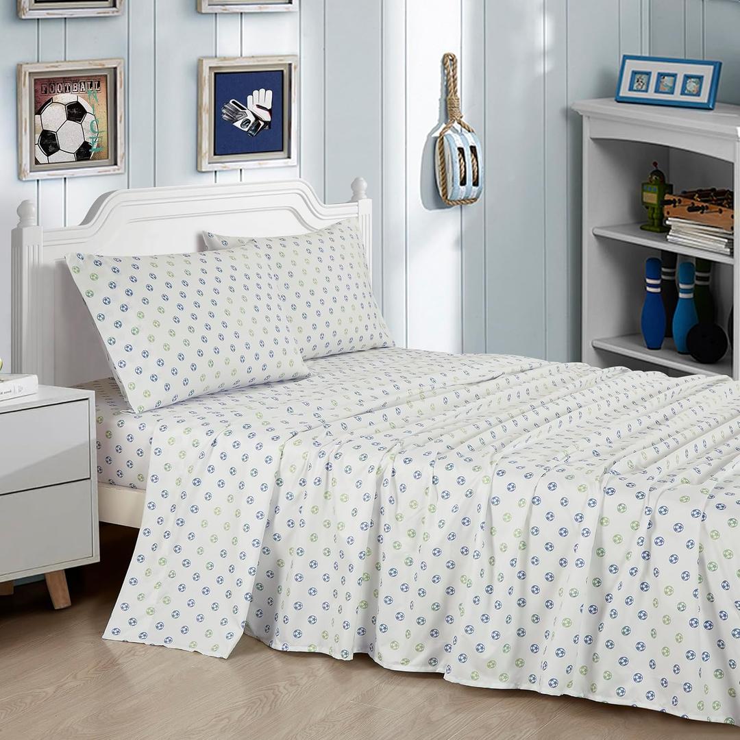 Chezmoi Collection 4-Piece Kids/Teens Football Soccer Sheet Set - Soft Microfiber Blue Green White Soccer Football Kids Sheets, Full Size