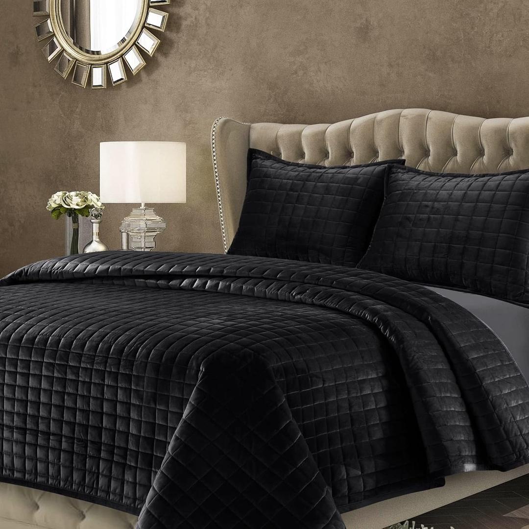 Tribeca Living Luxury Velvet Quilt Set King Bedding Set, 260 GSM Soft Velvet Oversized Comforter Set, Florence Box Stitch Premium Bedspread Coverlet for All Season, with 2 Pillow Shams, Black