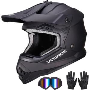 VCOROS Youth Kids Dirt Bike Helmets Motocross Street Offroad BMX MX ATV Dirtbike Motorcycle Helmet VS-905 with Goggles Gloves DOT Approved (Large, Matte Black)