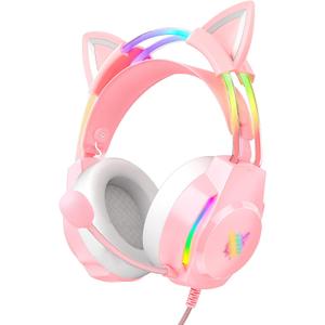 Gaming Headset with Microphone, Cat Ear Headphones for PC Laptop PS4 PS5 Xbox Switch, Rainbow RGB Lighting & Virtual Surround Sound, 3.5mm Wired Over Ear Headphones, Ergonomic