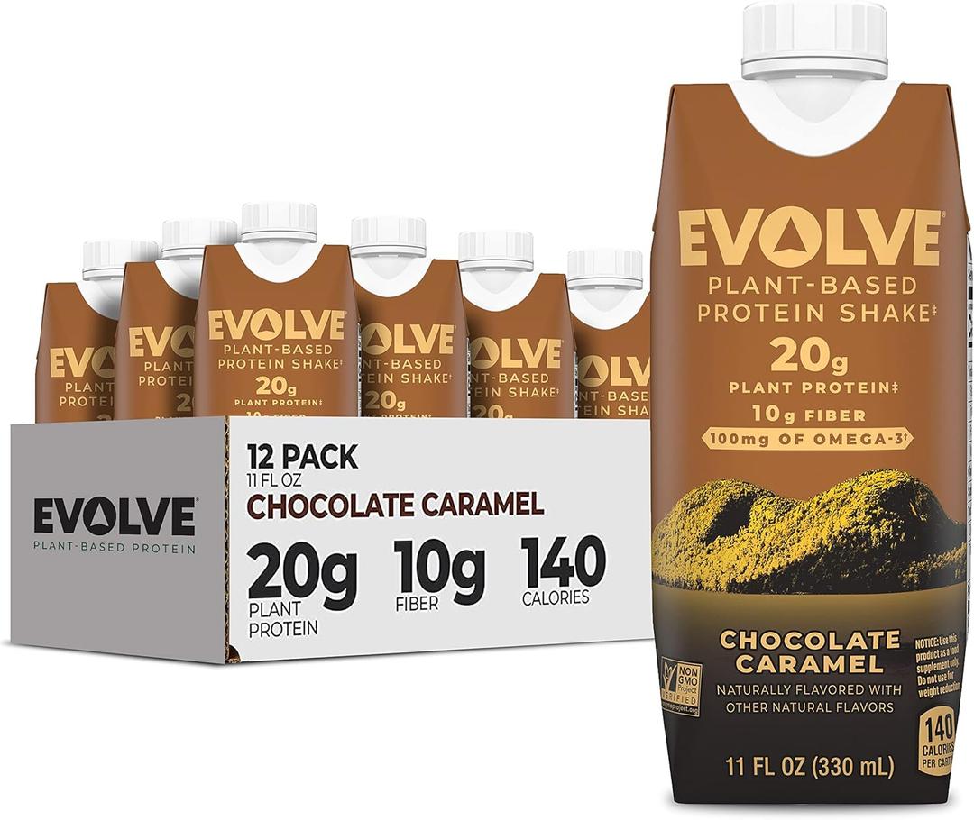 Evolve Plant Based Protein Shake, Chocolate Caramel, 20g Vegan Protein, Dairy Free, No Artificial Sweeteners, Non-GMO, 10g Fiber, 11oz, (12 Pack) (EXP 07/20/26)