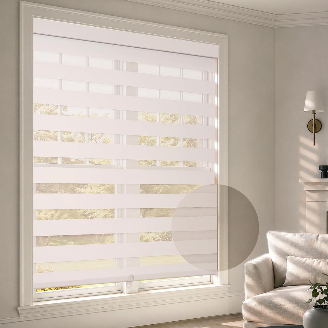HESTIA Cordless Zebra Blinds for Windows, Home Office, White, 24" W x 64" H