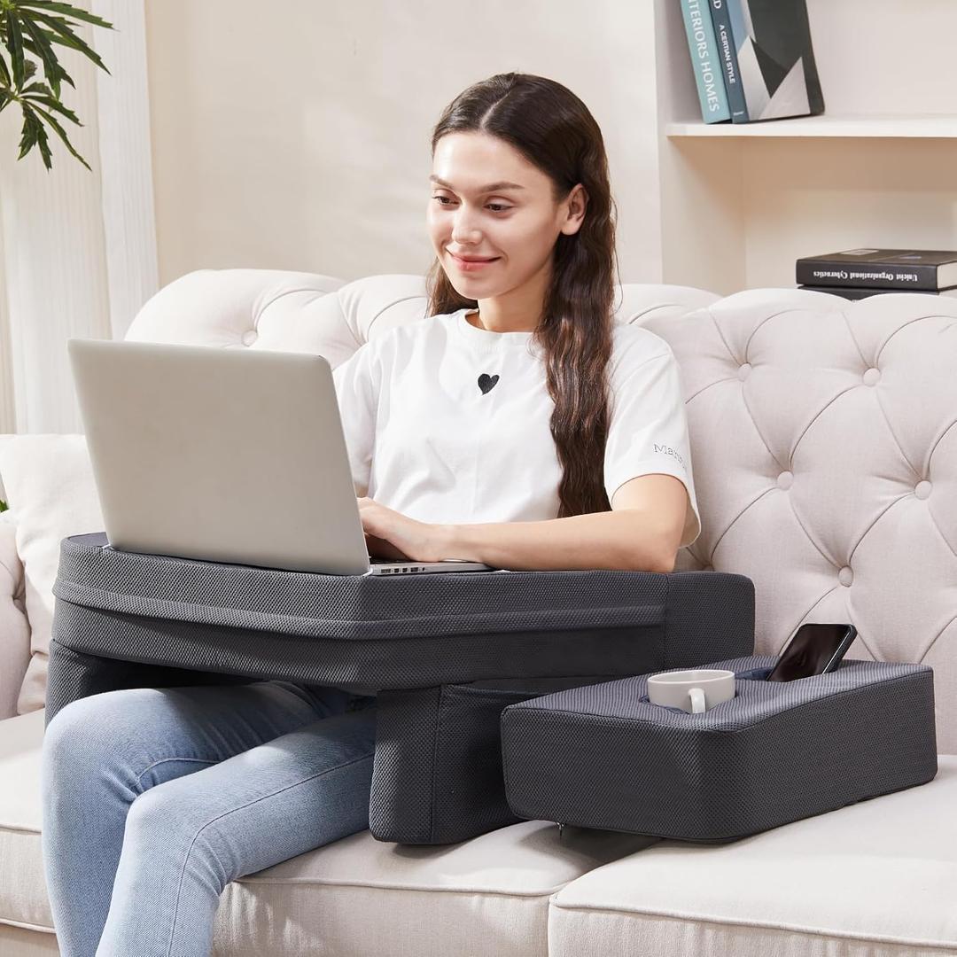 comehealthy Lap Desk for Laptop, Reading Pillow for Adult, Memory Foam Gaming Pillow with Cup Holder, Arm Rest Couch Pillow for Working, Gaming, Reading, Laptop Desk for Couch Bed Floor(Grey, Small)