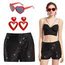 GMTCHLF Sequin Shorts for Women High Waist Elastic with Heart Sunglasses Earrings Sparkly Glitter Party Shorts Black M