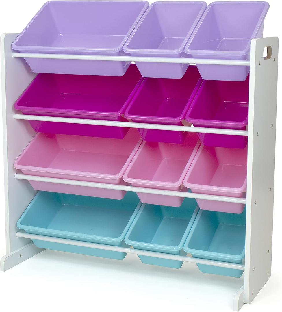 Humble Crew Kids Toy Storage Organizer with 12 Plastic Bins, White/Pink/Purple/Turquoise  Removable Bins for Playroom, Bedroom, Toddler Furniture for Boys and Girls Ages