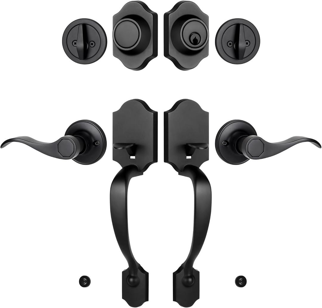 Double Front Door Handle Set with Dummy and Deadbolt, Entry Front Door Lock Set with Classic Half Grip Curved Door Handle for Exterior Doors or Office, Matte Black