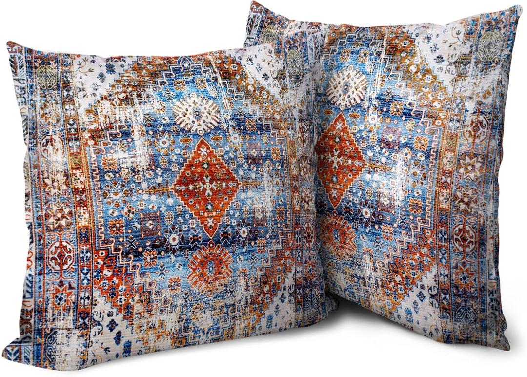 Boho Throw Pillow Covers 16x16 inch Set of 2 Monaco Rug Carpet Double Sided Pattern Cotton Soft Pillow Case Cushion Cover Bohemian Pillowcase for Couch Sofa Bed Decorative, Red Blue