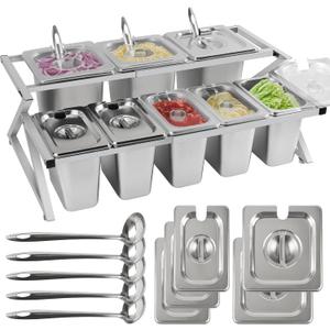 8 Pans Spice Rack Shelf 2 Row Stainless Steel Bar Garnish Serving | Salad Bar with Lids Spoons Countertop Inclined Holder Buffet Containers Set for Sauce Jam Fruits Ingredient Kitchen