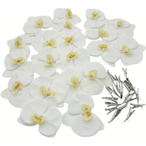 4.3 Inch Artificial Flower Heads Plastic Orchid That Look Real,Fake Orchid Flowers with Clips,Tropical Faux Flower Heads DIY Craft Orchid Clips,Wreath, Gift, Cake Decoration (20, White)