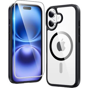 FNTCASE for iPhone 16 Case Clear: Magnetic Phone Cases with Screen Protector Drop Proof Compatible with Magsafe Slim Anti Yellowing Rugged Shockproof Protective Transparent Cell Cover (B-Black)