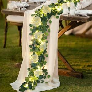 MACTING 6.6FT Flower Garland with Lights - Spring Gypsophila Eucalyptus Garland with 12 White Roses Artificial Floral Greenery Vine for Arch Table Centerpieces Backdrop Party Wedding Decorations