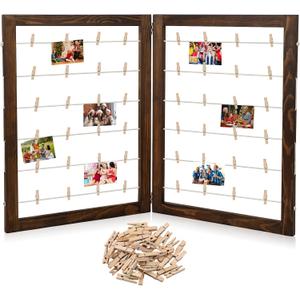 Geelin 36 x 24 Inch Photo Display Board with Clip Farmhouse Picture Display Wooden Rustic Freestanding Picture Collage Frame Wedding Tabletop Decor for Home Dorm (2 Panel,Brown)
