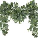 N&T NIETING 2 Pack Artificial Eucalyptus Garland with Flowers, Faux Greenery Garland Decor 6FT Eucalyptus Vines, Fake Hanging Vines Summer Garlands for Mantle Wedding Backdrop Mothers Day Decorations