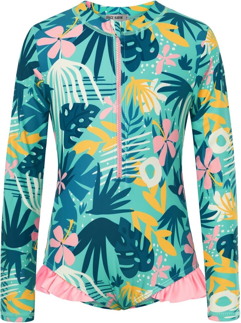 GRACE KARIN Girls One Piece Swimsuits Long Sleeve Bathing Suits Swimwear 8-10Y