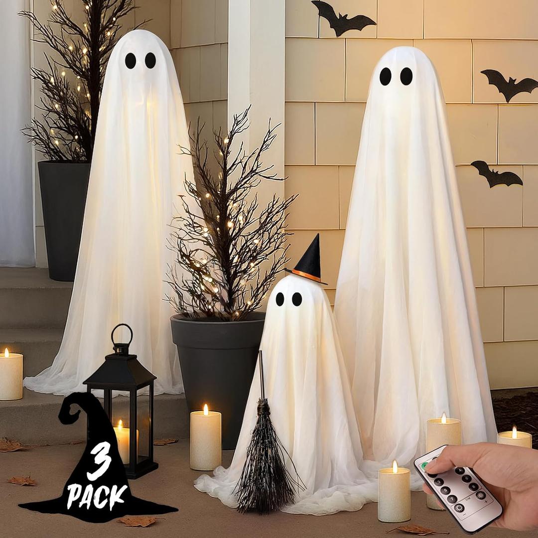 Halloween Decorations - Halloween Decorations Outdoor - Set of 3 Light Up Spooky Ghosts Decoration with 8 Light Modes Timer Remote- Indoor Cute Party Ghost Decor for Yard Porch Lawn Home Front Door