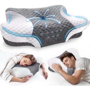 Cervical Neck Pillows with Memory Foam - Neck Pillows for Pain Relief Contour Memory Foam Pillows Ergonomic Neck Support - Adjustable Orthopedic Bed Pillows with Breathable Pillowcase for Sleeping (Standard, Grey White)