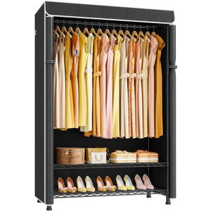 ULIFHOME H5C Plus Clothes Rack with Cover, Portable Closet for Hanging Clothes, Covered Clothing Racks Heavy Duty, Garment Racks with Shelves, Max Load 370LBS, Black Closet Rack with Black Cover