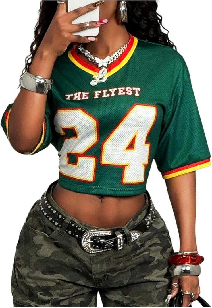 Milumia Women's Crop Jersey Shirts Y2k Number Graphic V Neck Half Sleeve Mesh T Shirt Streetwear Tee Tops, Small, (Green)