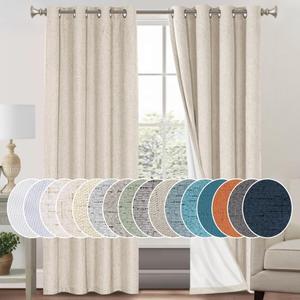 PrinceDeco Natural Linen Curtains 100% Blackout Linen Curtains for Bedroom Full Blackout Curtains 84 Inches Long Living Room Thermal Insulated Light Blocking Curtain Drapes White Backing, 2 Panels