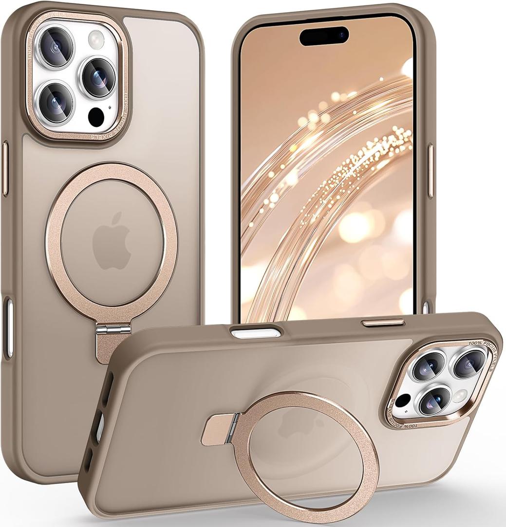 Magnetic for iPhone 16 Pro Case with Ring Stand, [10 FT Drop Protection] [Velvety Touch] Slim Translucent Matte Back Shockproof Phone Case for iPhone 16 Pro 6.3'', Bronze