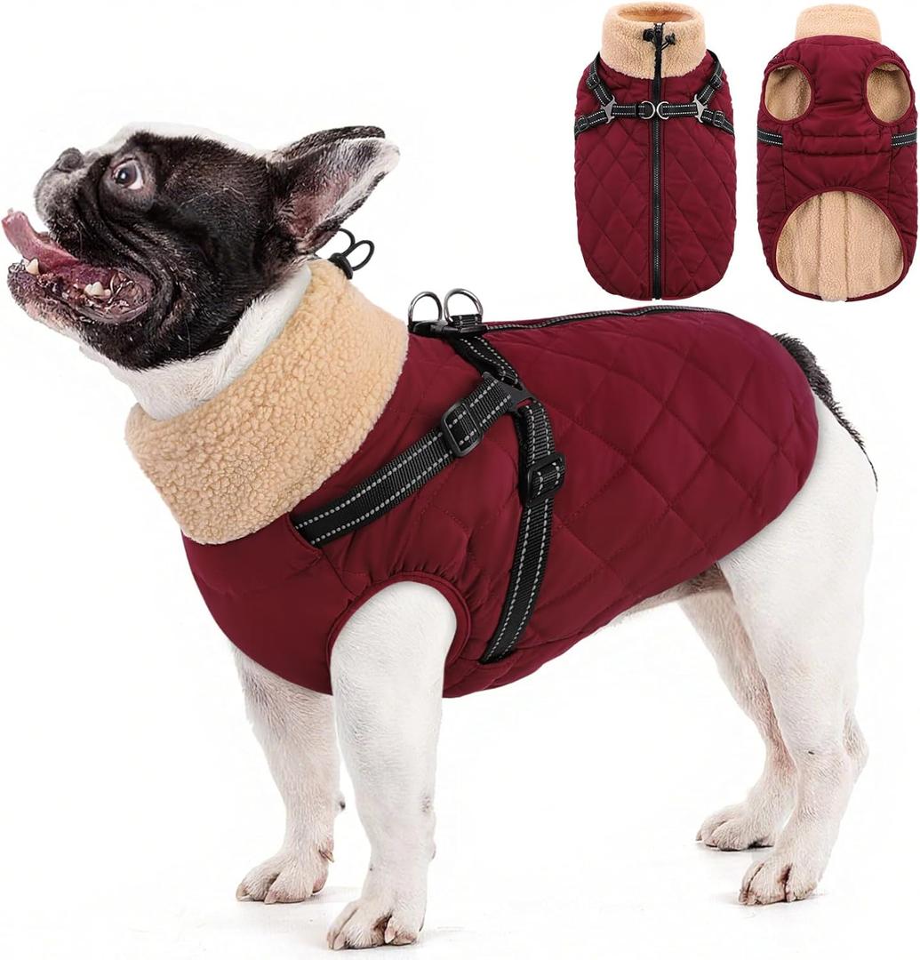 Queenmore Dog Jackets for Medium Dogs, Dog Coat with Harness Built in, Waterproof Pet Winter Coat with Zipper On Back Doggy Snowsuits Warm Soft Pet Jacket for French Bulldog, Poodle, Corgi, Burgundy M