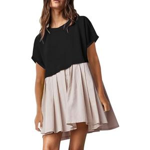SAUKOLE Womens Summer Crew Neck Short Sleeve Dress Patchwork Pleated A Line Beach Boho Mini Dress, Size L