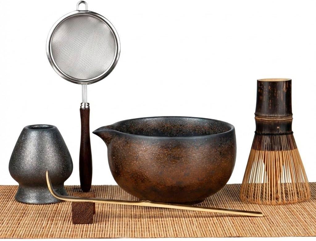 Matcha Whisk Set 7-Piece with Handmade Matcha Bowl & 100-Prong Purple Bamboo Whisk (Chasen), Complete Matcha Kit with Holder, Scoop & Rest, Bamboo Tea Mat, Gift-Ready Matcha Set (Gold)