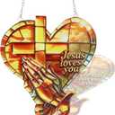 Christian Suncatcher Stained Glass, Christian Suncatcher for Women, Cross Suncatchers for Windows Hanging (Heart Shape)