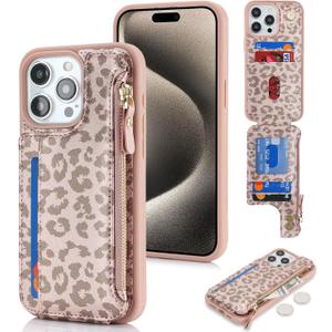 Cavor for iPhone 12 Pro Max/13 Pro Max Case with Card Holder,for iPhone 13 Pro Max Wallet Case for Women, PU Leather Zipper Pocket Protective Card Slots Phone Cover-Rose Gold Leopard