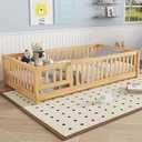 Bellemave Twin Floor Bed Frame with Slats and Safety Guardrail, Wood Twin Size Montessori Floor Bed with Door and Fence, Easy Assemble Montessori Beds for Kids, Girls, Boys, Natural