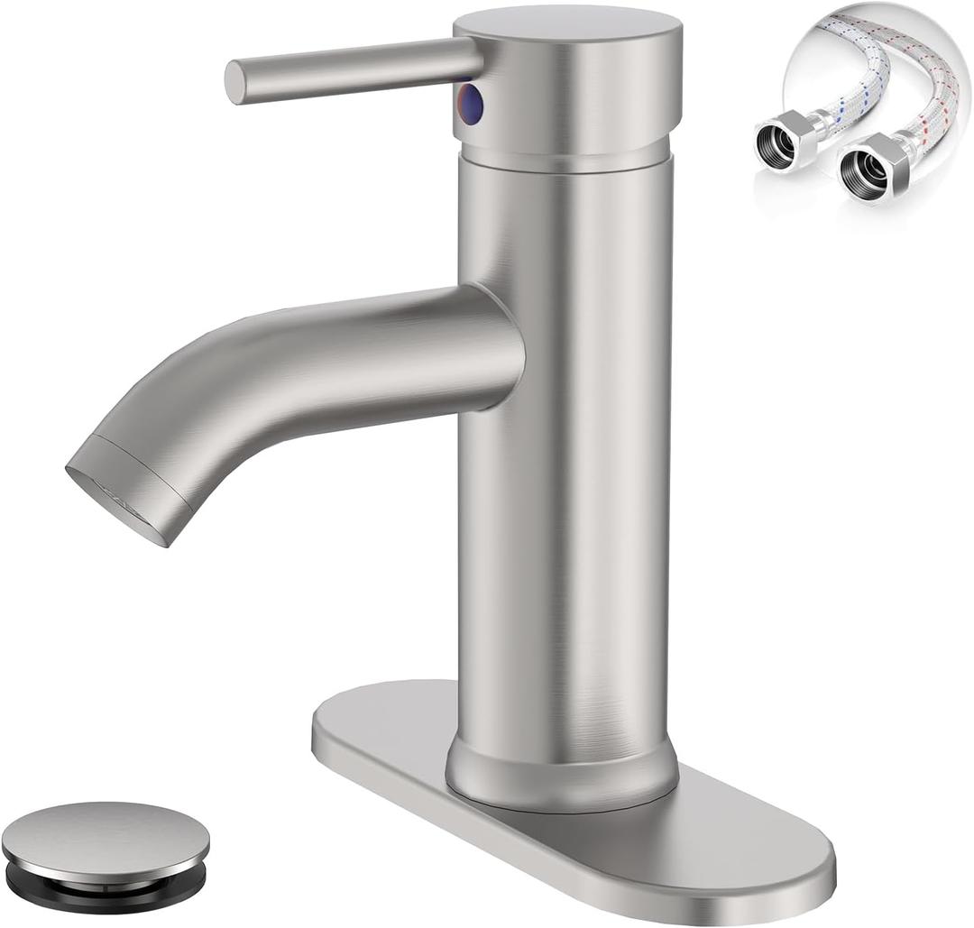 Brushed Nickel Bathroom Faucet, Greenspring One Hole Single Handle Bathroom Sink Faucets Modern Commercial Lavatory Vanity Sink Faucets with Cover Plate Pop Up Drain with Supply Line, Brass