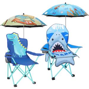 KABOER 2 Pcs Kids Shark and Dinosaur Pattern Outdoor Folding Camping Chair with Cup Holder and Carrying Bag and 2 Umbrellas for Beach Picnic Camping Travel Lawn, 14 inches x 14 inches x 30 inches