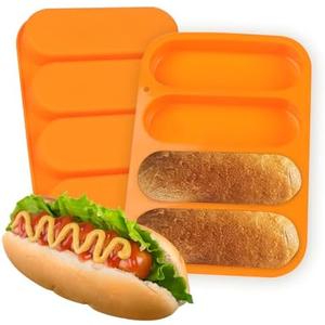Hewomate Hot Dog Bun Pan, 2 Pack Hotdog Bun Pan, Silicone Hot Dog Bun Mold, 6 Inch Standard Hot Dog Bread Pan, Non-stick Homemade Hot Dog Bun Pans for Baking